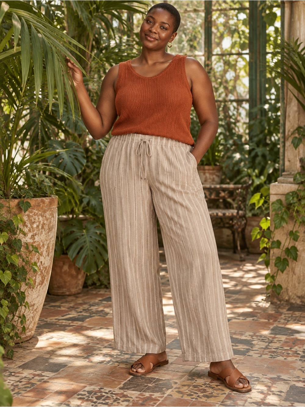 GAP Linen Blend Wide Leg Drawstring Pants Khaki Stripe L Coastal Boho